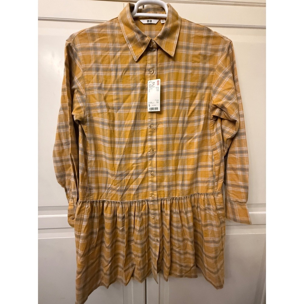 Uniqlo Womens Soft Flannel Tiered Mini Dress Yellow Plaid Long Sleeve Small NEW